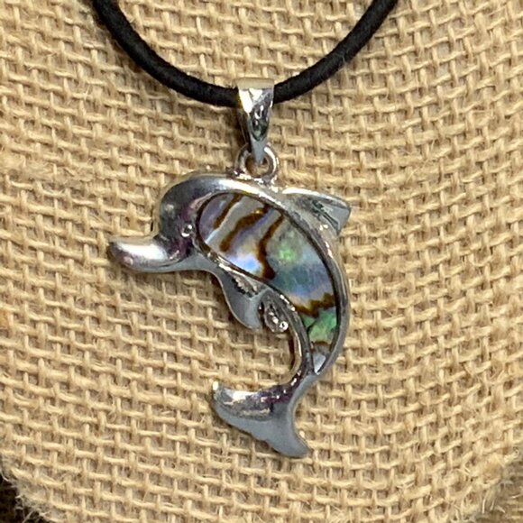 Dolphin Pendant Necklace 18 In Silver Mother of Pearl Rainbow Inlay Black Cord - Picture 2 of 6